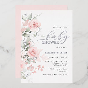 Blush Silver Floral Butterfly Baby Shower Foil Invitation