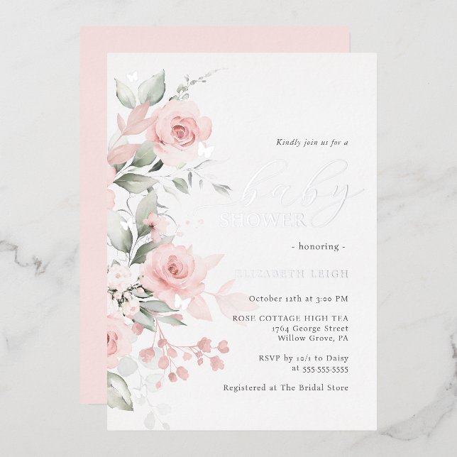 Blush Silver Floral Butterfly Baby Shower  Foil Invitation (Front/Back)
