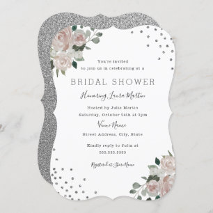 Blush Silver Floral Confetti Bridal Shower Invitation