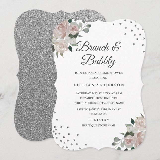 Blush Silver Floral Confetti Brunch and Bubbly Invitation (Front/Back)