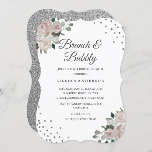 Blush Silver Floral Confetti Brunch and Bubbly Invitation