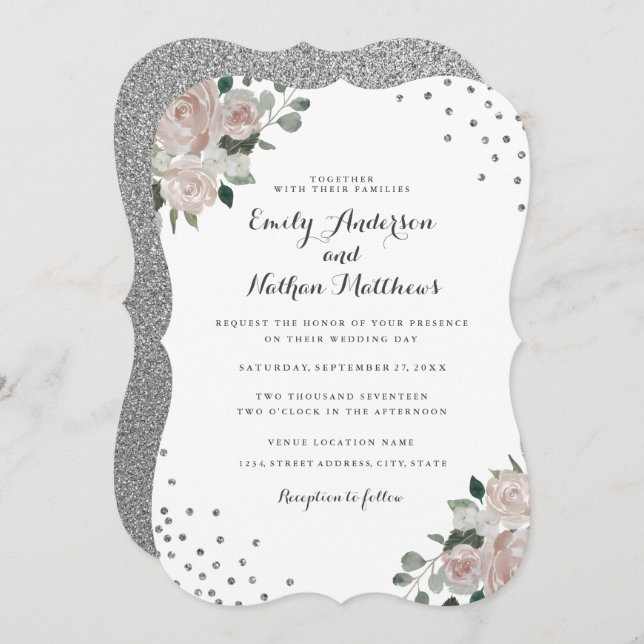 Blush Silver Floral Confetti Wedding Invitation (Front/Back)