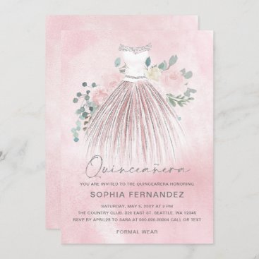 Blush Silver glitter Floral Dress Quinceañera Invitation