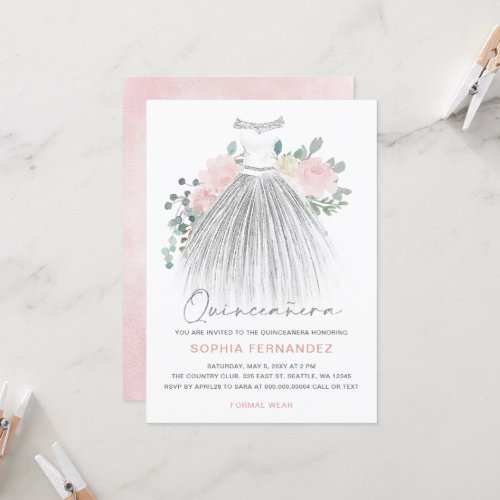 Blush Silver glitter Floral Dress Quinceaera Invitation