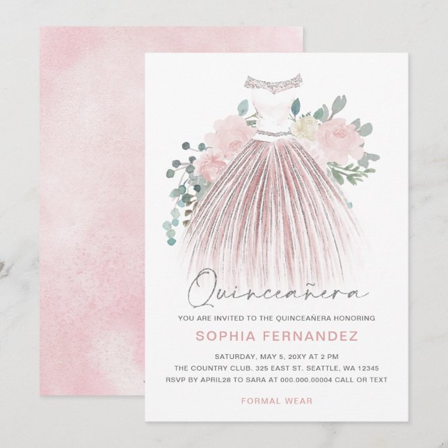 Blush Silver glitter Floral Dress Quinceañera Invitation (Front/Back)
