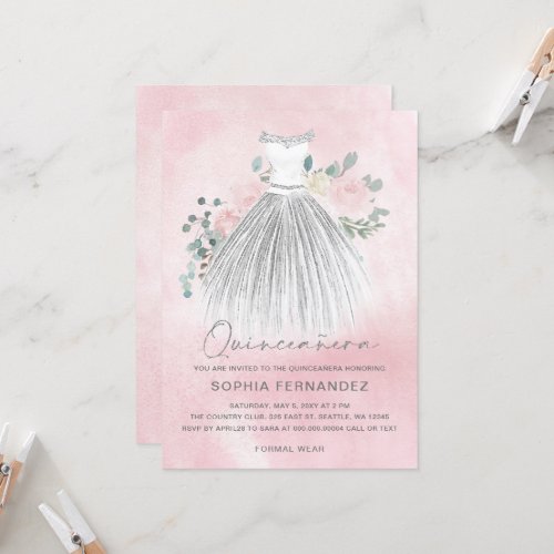 Blush Silver glitter Floral Dress Quinceaera Invitation