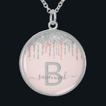 Blush Silver glitter monogram name Sterling Silver Necklace<br><div class="desc">Girly, trendy and monogrammed. A feminine blush pink background decorated with rose gold and faux silver glitter drips. Personalize and add a name and monogram letter. Gray and rose gold colored letters. The name is written with a modern hand lettered style script with swashes. To keep the swashes only delete...</div>