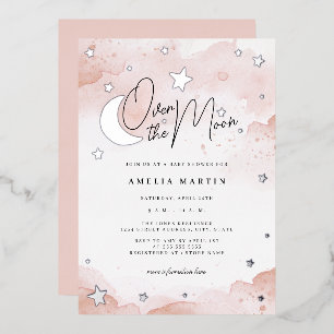 Blush Silver Over the Moon Baby Shower Foil Invitation