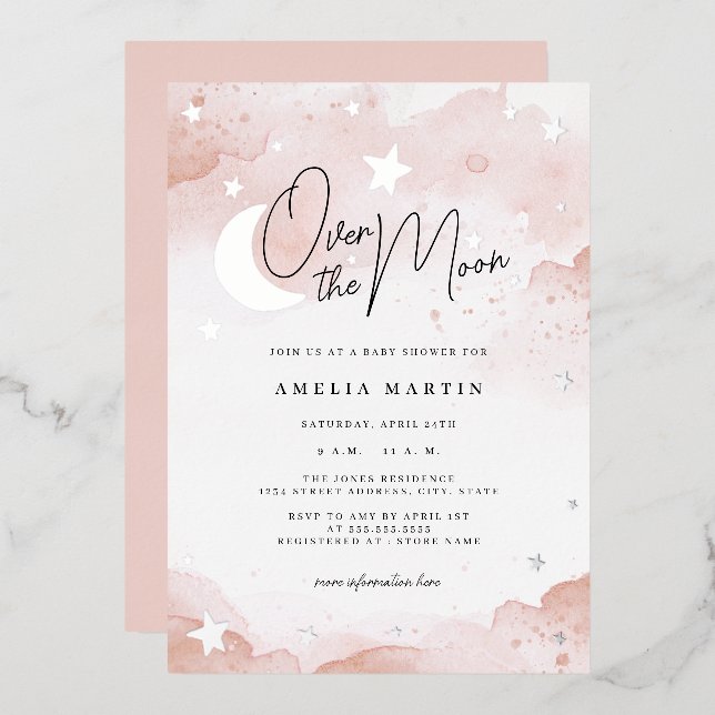 Blush Silver Over the Moon Baby Shower Foil Invitation (Front/Back)