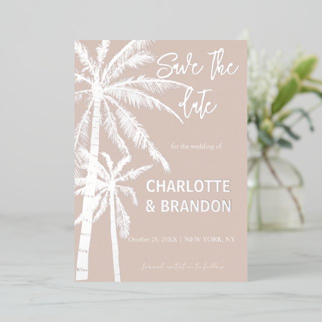 Blush Silver Palm Trees Beach Wedding  Foil Invitation (Standing Front)
