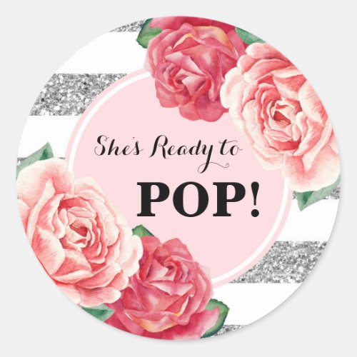 Blush Silver Pink Floral Baby Shower Ready to Pop Classic Round Sticker