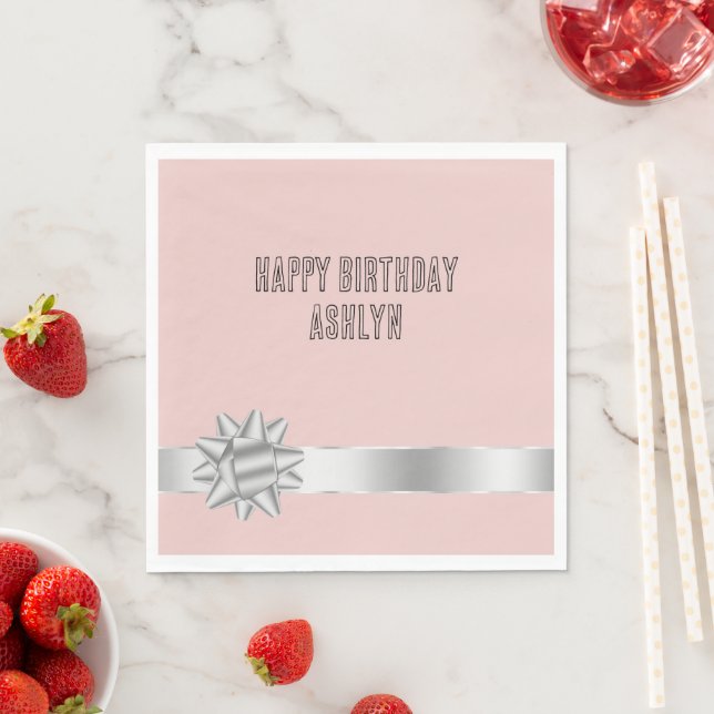 Blush Silver Ribbon Bow Birthday Napkins (Insitu)