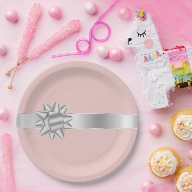 Blush Silver Ribbon Bow Birthday Paper Plates (Party)