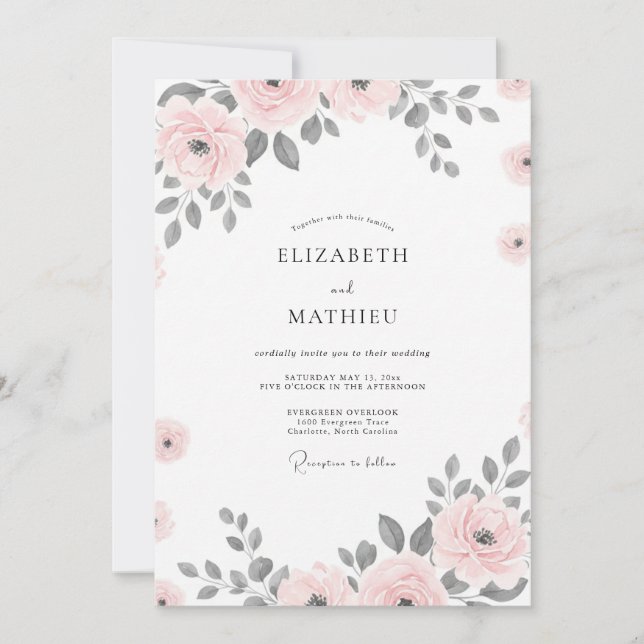 Blush Silver Romantic Floral Wedding Invitation (Front)