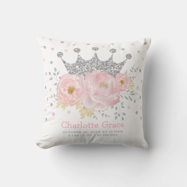 Blush Silver Royal Princess Crown Baby Birth Stats Throw Pillow (Front)