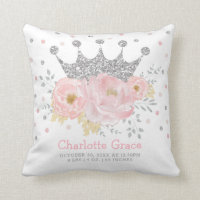 Blush Silver Royal Princess Crown Baby Birth Stats Throw Pillow