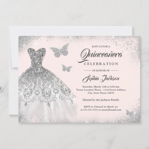 Blush Silver Sparkle Dress Butterfly Quinceanera Invitation