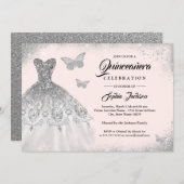Blush Silver Sparkle Dress Butterfly Quinceanera Invitation (Front/Back)