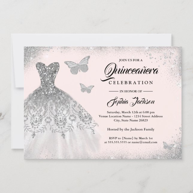 Blush Silver Sparkle Dress Butterfly Quinceanera Invitation (Front)