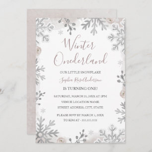 Blush Silver Winter Onederland 1st Birthday Invitation