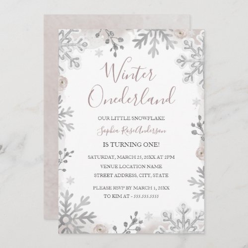 Blush Silver Winter Onederland 1st Birthday  Invitation