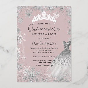 Blush Silver Winter Snowflake Quinceanera Foil Invitation