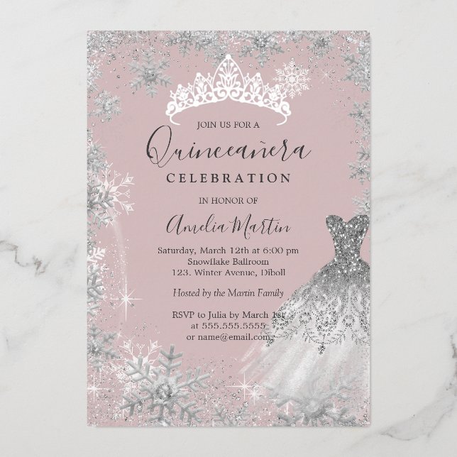 Blush Silver Winter Snowflake Quinceanera  Foil Invitation (Front)