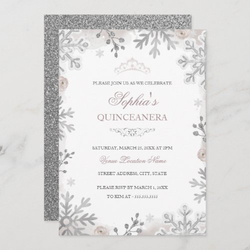Blush Silver Winter Wonderland Quinceanera Invitation