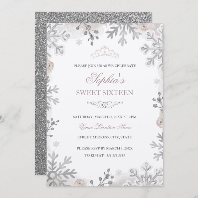 Blush Silver Winter Wonderland Sweet 16th Birthday Invitation (Front/Back)