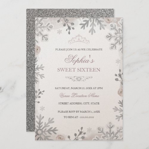 Blush Silver Winter Wonderland Sweet 16th Birthday Invitation