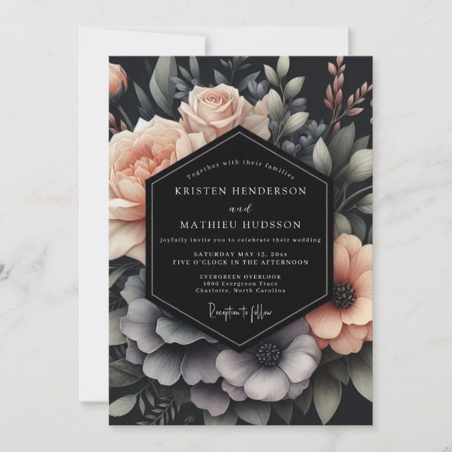 Blush & Slate Dramatic Bloom Wedding Invitation (Front)