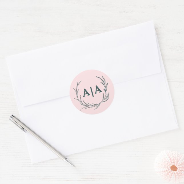 Blush & Slate Gray Subtle Floral Monogram Classic Round Sticker (Envelope)
