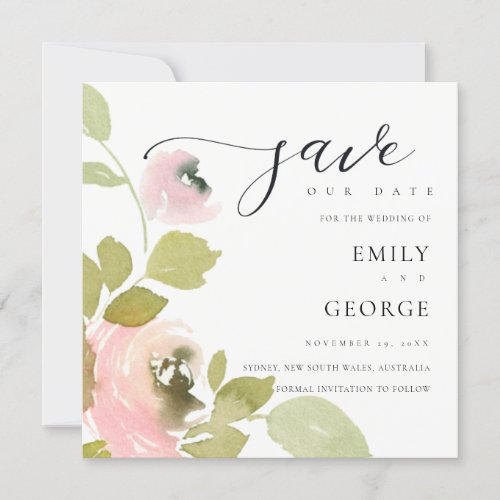 BLUSH SOFT PASTEL ROSE FLORAL SAVE THE DATE CARD