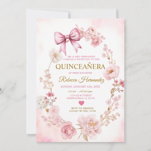 Blush Soft Pink Bow Quincea&#241;era Invitation