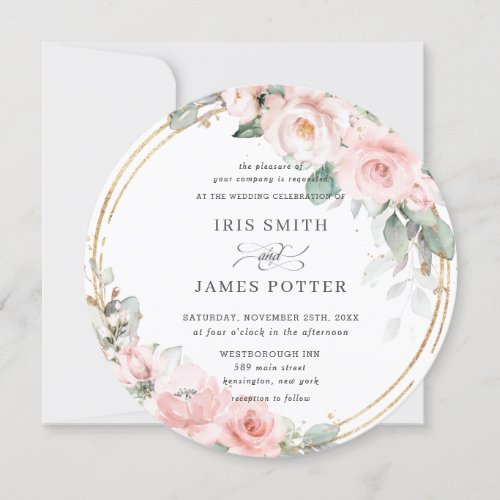 Blush Soft Pink Floral Gold Greenery Round Wedding Invitation