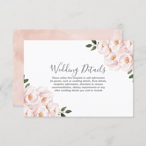 Blush Soft Pink Flowers Watercolor Wedding Details Invitation