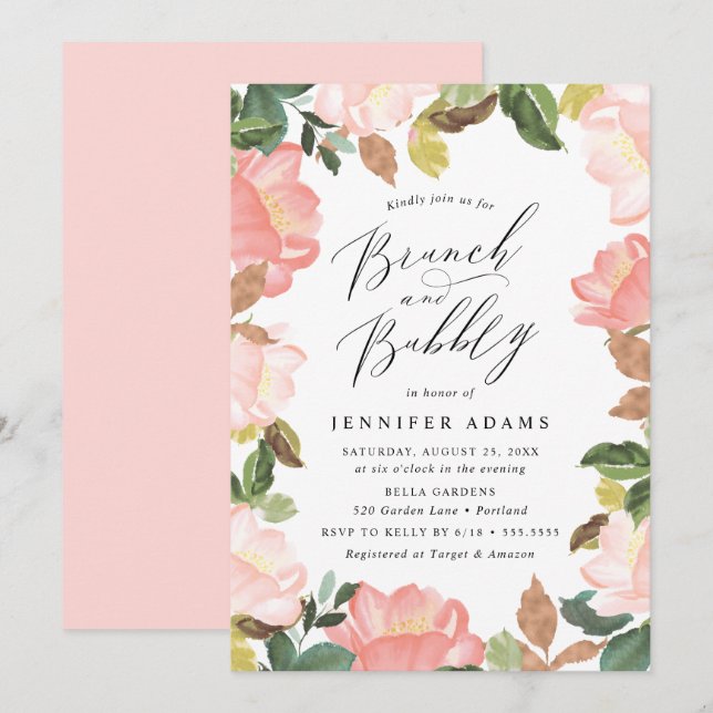 Blush Spring Floral Brunch & Bubbly Bridal Shower Invitation (Front/Back)