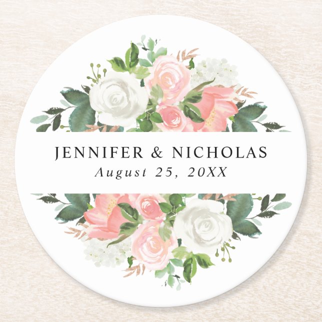 Blush Spring Floral | Personalized Wedding Round Paper Coaster (Front)
