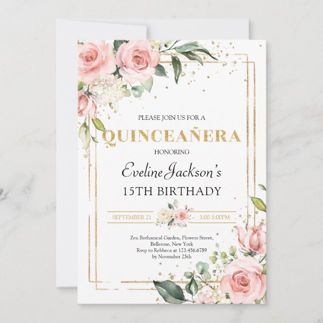 Blush spring pink floral gold glitter quinceanera invitation (Front)