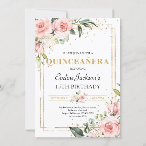 Blush spring pink floral gold glitter quinceanera invitation