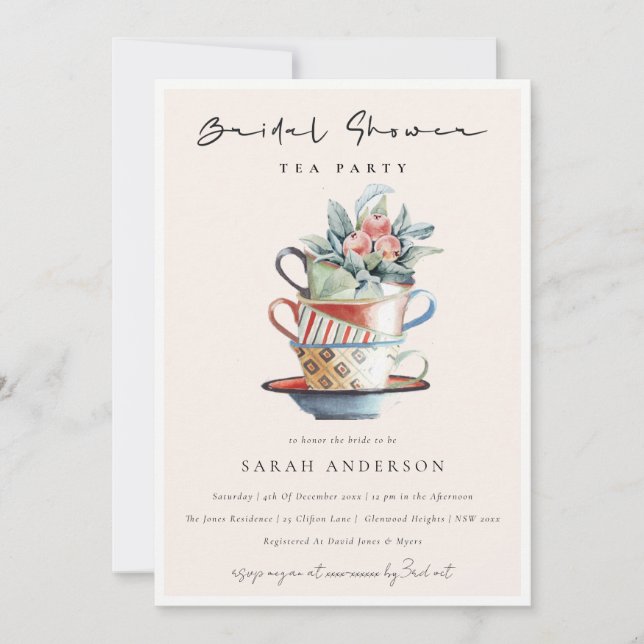 Blush Stacked Cups Bridal Shower Tea Party Invite (Front)