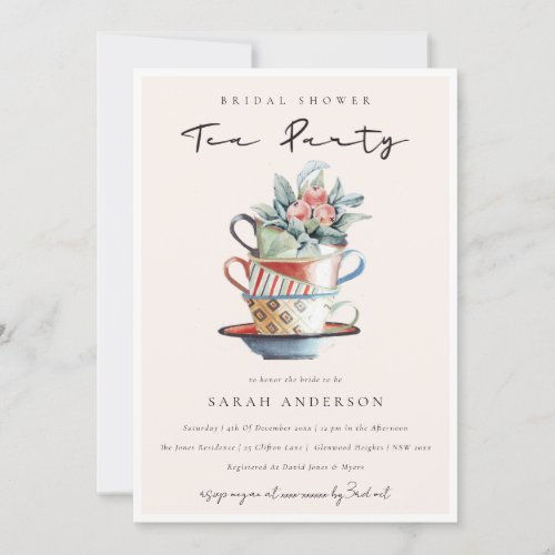 Blush Stacked Cups Bridal Shower Tea Party Invite