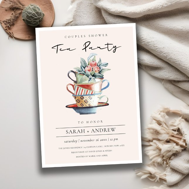 Blush Stacked Cups Couples Shower Tea Party Invite (Creator Uploaded)