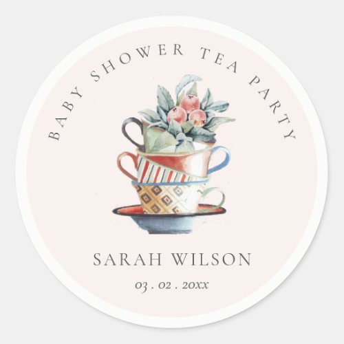 Blush Stacked Cups Floral Baby Shower Tea Party Classic Round Sticker