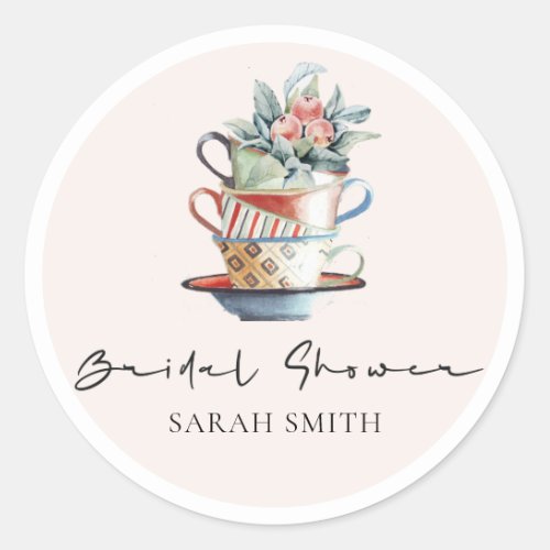 Blush Stacked Cups Floral Bridal Shower Tea Party Classic Round Sticker