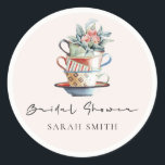 Blush Stacked Cups Floral Bridal Shower Tea Party Classic Round Sticker<br><div class="desc">For any further customisation or any other matching items,  please feel free to contact me at yellowfebstudio@gmail.com</div>