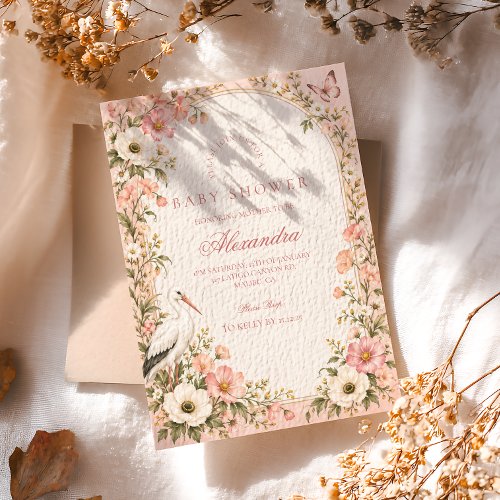 Blush Stork Baby in Bloom Baby Shower Invitation