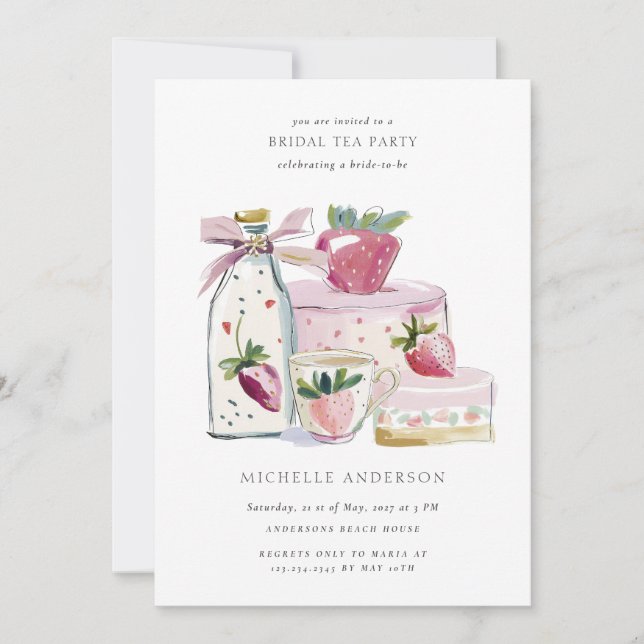 Blush Strawberry Tea Party QR Code Bridal Shower Invitation (Front)