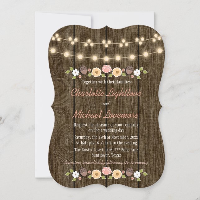 Blush String of Lights Fall Rustic Acorn Wedding Invitation (Front)