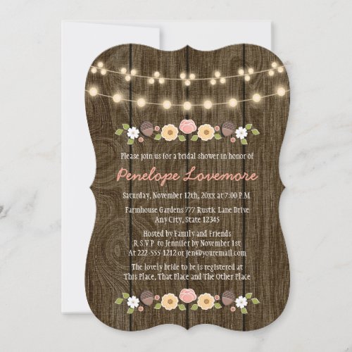 Blush String of Lights Fall Rustic Bridal Shower Invitation